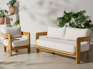 Safavieh ACHILLES Teak Patio Chair - Natural Wood Frame & Soft White Upholstery for Stylish Outdoor Comfort CPT1068A