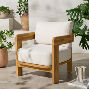 Safavieh ACHILLES Teak Patio Chair - Natural Wood Frame & Soft White Upholstery for Stylish Outdoor Comfort CPT1068A