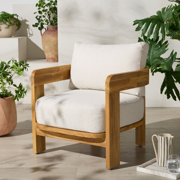 Safavieh ACHILLES Teak Patio Chair - Natural Wood Frame & Soft White Upholstery for Stylish Outdoor Comfort CPT1068A