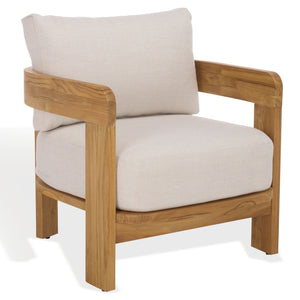 Safavieh ACHILLES Teak Patio Chair - Natural Wood Frame & Soft White Upholstery for Stylish Outdoor Comfort CPT1068A