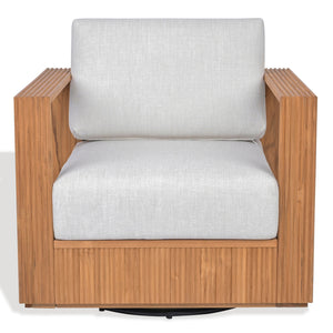 Saint Lucia Reeded Teak Swivel Patio Chair With Foam Cushion, Ergonomic Back And Weather-Resistant Build