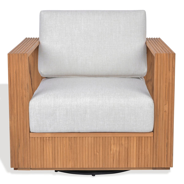 Saint Lucia Reeded Teak Swivel Patio Chair With Foam Cushion, Ergonomic Back And Weather-Resistant Build