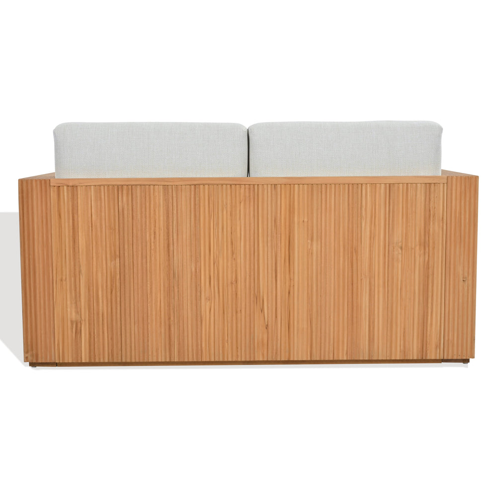 Saint Lucia Reeded Teak Wood Patio Loveseat With Plush Outdoor Cushions, Coastal Durable Design