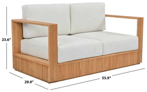 Saint Lucia Reeded Teak Wood Patio Loveseat With Plush Outdoor Cushions, Coastal Durable Design
