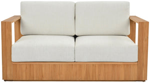 Saint Lucia Reeded Teak Wood Patio Loveseat With Plush Outdoor Cushions, Coastal Durable Design