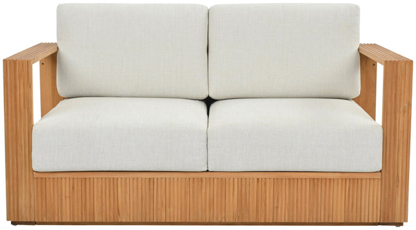 Saint Lucia Reeded Teak Wood Patio Loveseat With Plush Outdoor Cushions, Coastal Durable Design