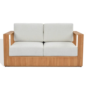 Saint Lucia Reeded Teak Wood Patio Loveseat With Plush Outdoor Cushions, Coastal Durable Design