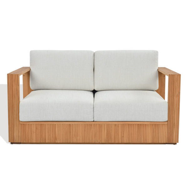 Saint Lucia Reeded Teak Wood Patio Loveseat With Plush Outdoor Cushions, Coastal Durable Design