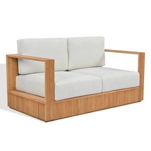 Saint Lucia Reeded Teak Wood Patio Loveseat With Plush Outdoor Cushions, Coastal Durable Design