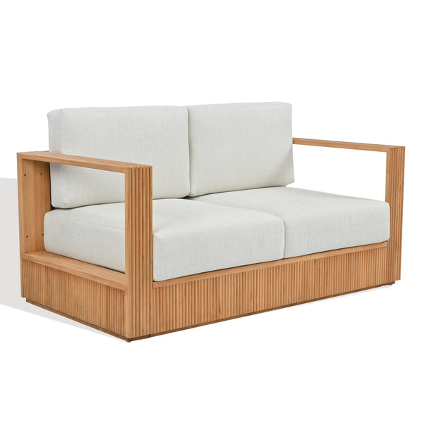 Saint Lucia Reeded Teak Wood Patio Loveseat With Plush Outdoor Cushions, Coastal Durable Design