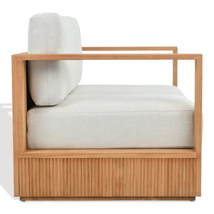 Saint Lucia Reeded Teak Wood Patio Loveseat With Plush Outdoor Cushions, Coastal Durable Design