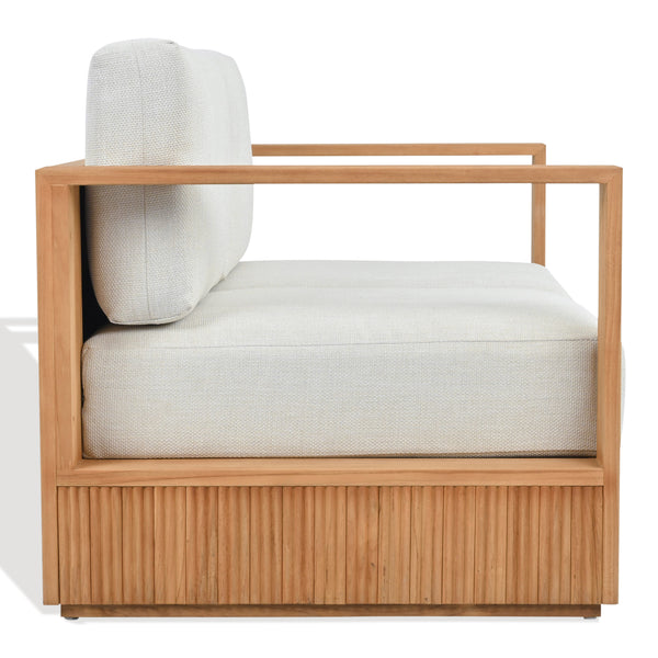 Saint Lucia Reeded Teak Wood Patio Loveseat With Plush Outdoor Cushions, Coastal Durable Design
