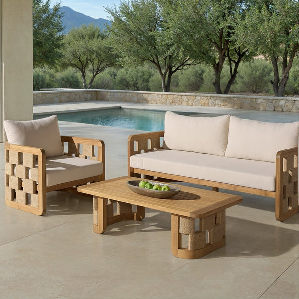 Skipper Teak And Hyacinth Outdoor Coffee Table With Handwoven Surface, Durable Weather-Tolerant Design
