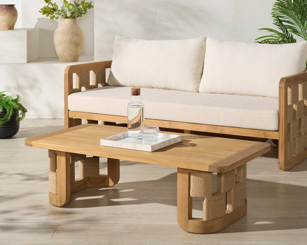 Skipper Teak And Hyacinth Outdoor Coffee Table With Handwoven Surface, Durable Weather-Tolerant Design