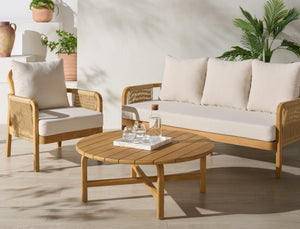 Rogers Teak & Hyacinth Patio Sofa With Deep Cushions, Weather-Resistant Frame, Timeless Outdoor Style