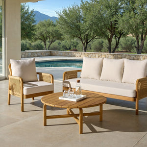Rogers Teak & Hyacinth Patio Sofa With Deep Cushions, Weather-Resistant Frame, Timeless Outdoor Style