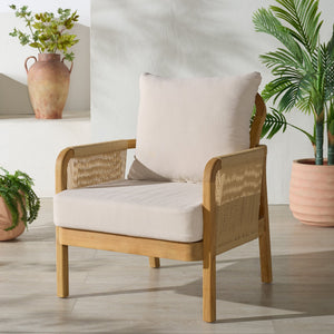 Rogers Teak & Hyacinth Patio Chair With Ergonomic Curved Back, Breathable Woven Seating, Durable Finish