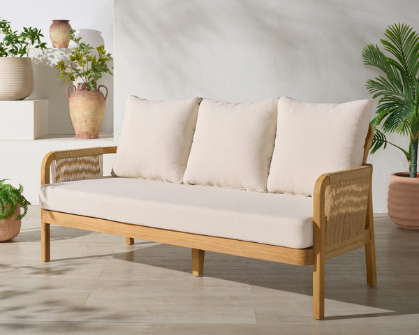 Rogers Teak & Hyacinth Patio Sofa With Deep Cushions, Weather-Resistant Frame, Timeless Outdoor Style