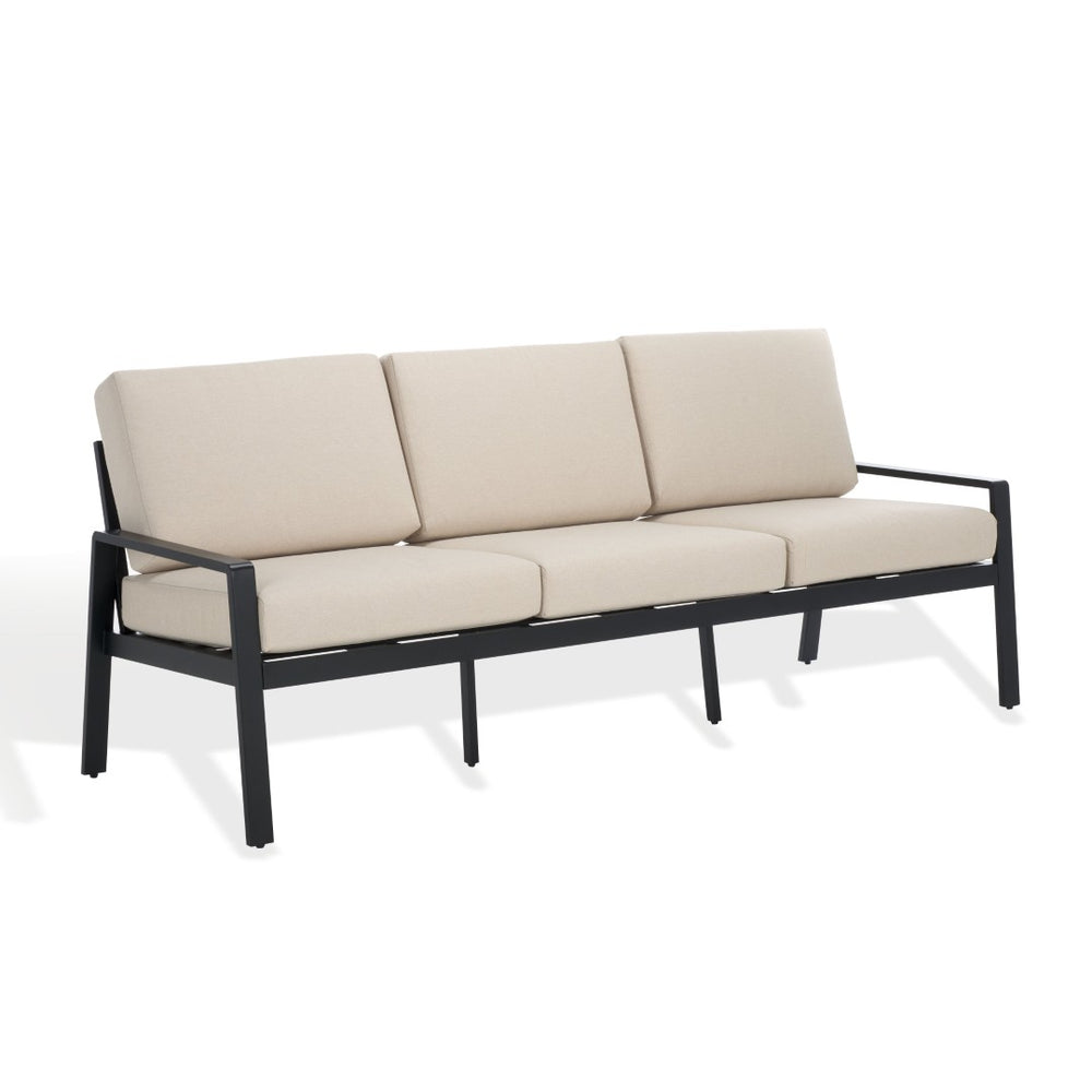 Safavieh GUAM Modern Aluminum Outdoor Sofa - Sleek Black Frame with Beige Cushions for Stylish Comfort CPT2107A