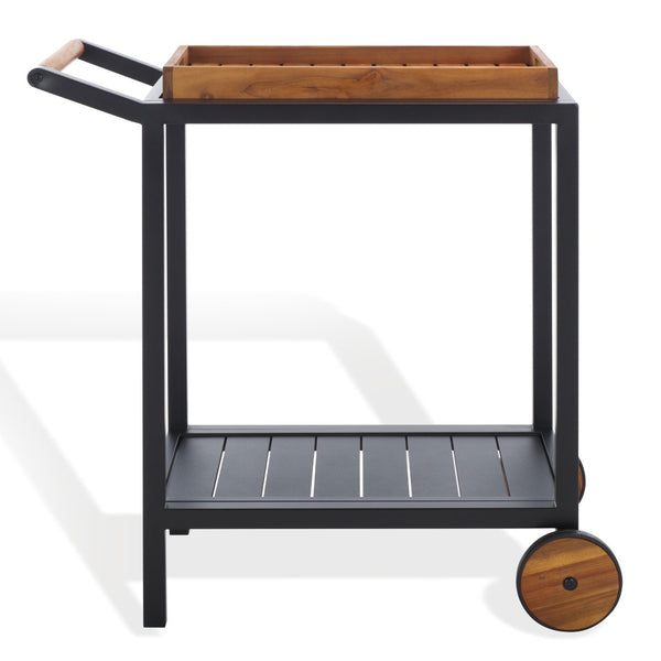 Safavieh TONGA Aluminum Outdoor Bar Cart - Stylish Black Frame & Natural Acacia Shelves for Entertaining CPT2108A