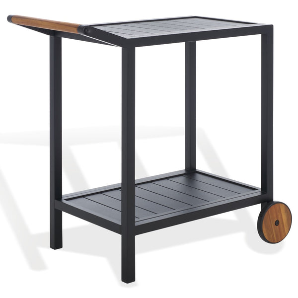 Safavieh TONGA Aluminum Outdoor Bar Cart - Stylish Black Frame & Natural Acacia Shelves for Entertaining CPT2108A