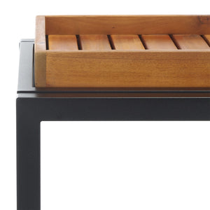 Safavieh TONGA Aluminum Outdoor Bar Cart - Stylish Black Frame & Natural Acacia Shelves for Entertaining CPT2108A