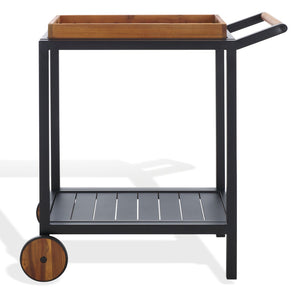 Safavieh TONGA Aluminum Outdoor Bar Cart - Stylish Black Frame & Natural Acacia Shelves for Entertaining CPT2108A
