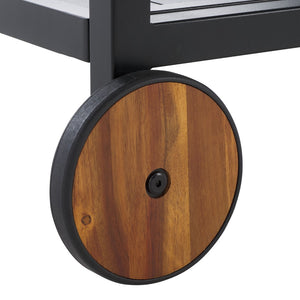 Safavieh TONGA Aluminum Outdoor Bar Cart - Stylish Black Frame & Natural Acacia Shelves for Entertaining CPT2108A