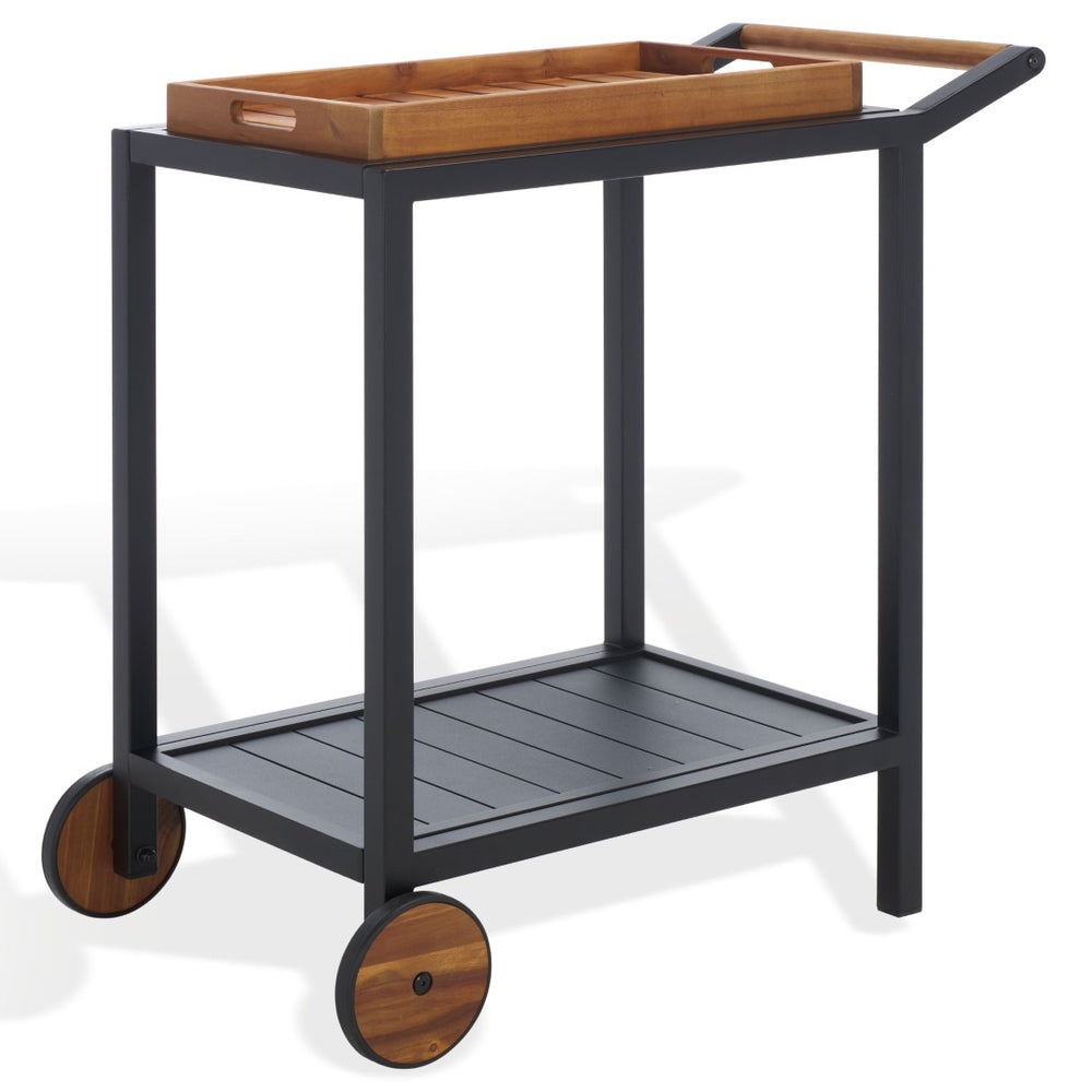 Safavieh TONGA Aluminum Outdoor Bar Cart - Stylish Black Frame & Natural Acacia Shelves for Entertaining CPT2108A