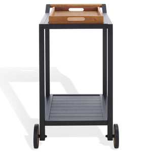 Safavieh TONGA Aluminum Outdoor Bar Cart - Stylish Black Frame & Natural Acacia Shelves for Entertaining CPT2108A