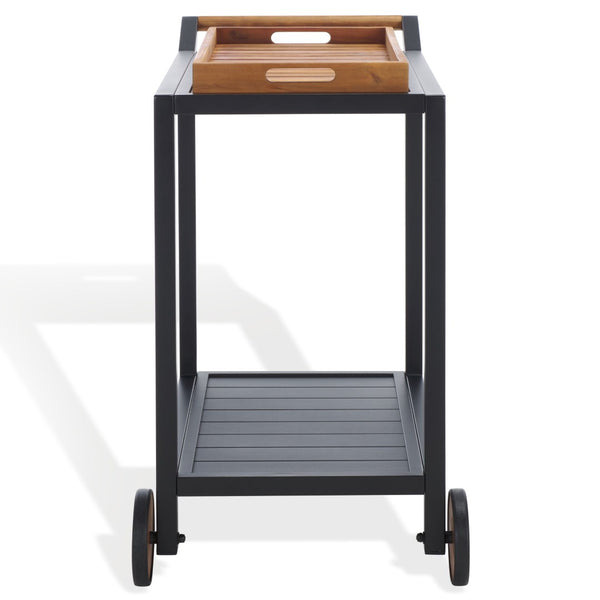 Safavieh TONGA Aluminum Outdoor Bar Cart - Stylish Black Frame & Natural Acacia Shelves for Entertaining CPT2108A