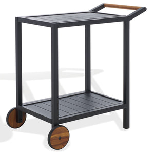 Safavieh TONGA Aluminum Outdoor Bar Cart - Stylish Black Frame & Natural Acacia Shelves for Entertaining CPT2108A