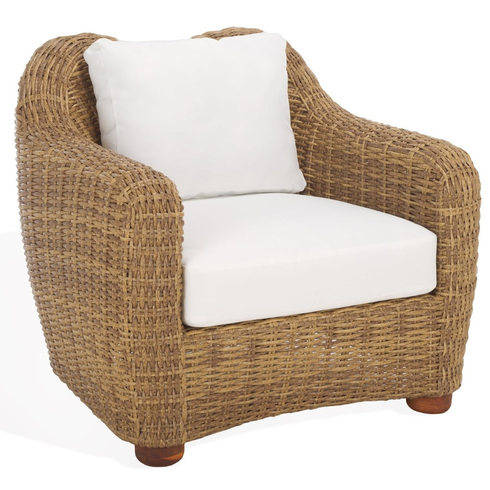 Safavieh MELBOURNE Wicker Patio Chair – Natural & White, Durable Aluminum Frame, Chic Acacia Wood Accents CPT2109A