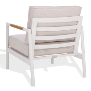 Safavieh CHRYSSA Modern Aluminum & Teak Patio Chair - White & Beige, Durable Comfort for Outdoor Living Spaces CPT4007A