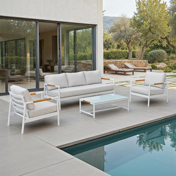 Safavieh CHRYSSA Aluminum and Teak Patio Sofa - Stylish Outdoor Seating in White and Beige for Elegance CPT4008A