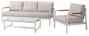 Safavieh CHRYSSA Aluminum and Teak Patio Sofa - Stylish Outdoor Seating in White and Beige for Elegance CPT4008A