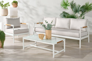 Safavieh CHRYSSA Aluminum and Teak Patio Coffee Table - Elegant White Design for Outdoor Living Spaces CPT4009A