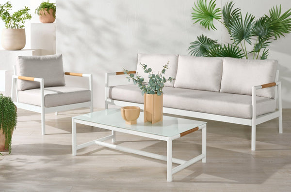 Safavieh CHRYSSA Modern Aluminum & Teak Patio Chair - White & Beige, Durable Comfort for Outdoor Living Spaces CPT4007A