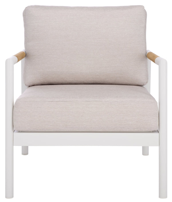 Safavieh CHRYSSA Modern Aluminum & Teak Patio Chair - White & Beige, Durable Comfort for Outdoor Living Spaces CPT4007A