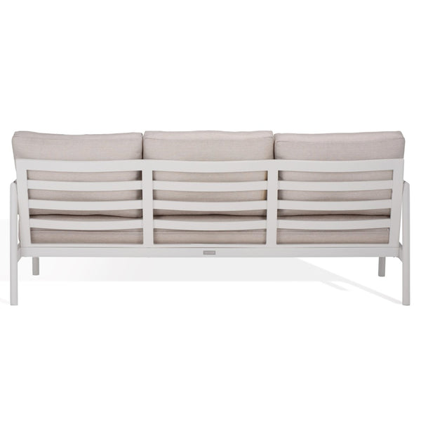Safavieh CHRYSSA Aluminum and Teak Patio Sofa - Stylish Outdoor Seating in White and Beige for Elegance CPT4008A