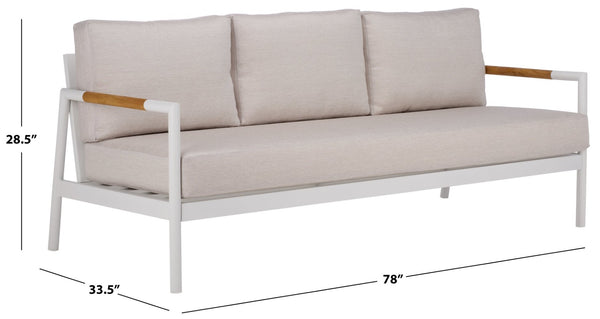 Safavieh CHRYSSA Aluminum and Teak Patio Sofa - Stylish Outdoor Seating in White and Beige for Elegance CPT4008A