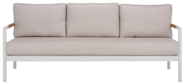 Safavieh CHRYSSA Aluminum and Teak Patio Sofa - Stylish Outdoor Seating in White and Beige for Elegance CPT4008A