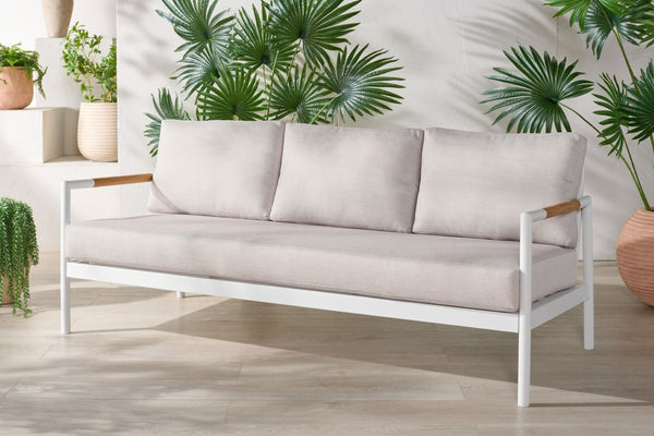 Safavieh CHRYSSA Aluminum and Teak Patio Sofa - Stylish Outdoor Seating in White and Beige for Elegance CPT4008A