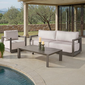 Safavieh DONALDO Outdoor Lounge Chair - Dark Grey Aluminum Frame with Plush Beige Cushions for Relaxation CPT4010A