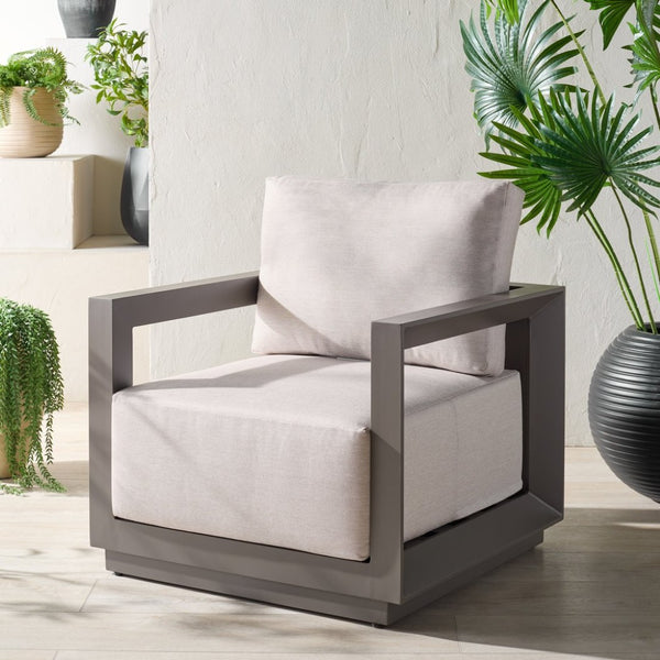 Safavieh DONALDO Outdoor Lounge Chair - Dark Grey Aluminum Frame with Plush Beige Cushions for Relaxation CPT4010A