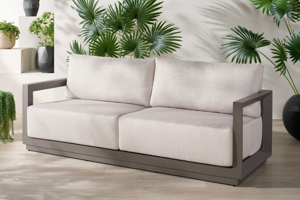Safavieh DONALDO Aluminum Outdoor Sofa - Stylish Dark Grey Frame with Plush Beige Cushions for Comfort CPT4011A
