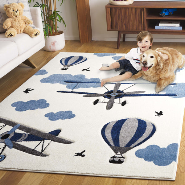 Safavieh Carousel Ivory/Blue Kids Area Rug - Whimsical Airplane & Balloon Design, Soft, Durable 5'3" X 7'6" Ivory ,Blue Polypropylene Crk137a-5