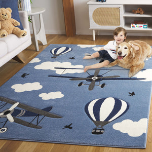 Safavieh Carousel Kids Area Rug - Whimsical Airplane & Balloon Design For Imaginative Play Spaces! Blue ,Ivory Polypropylene Crk137m-4