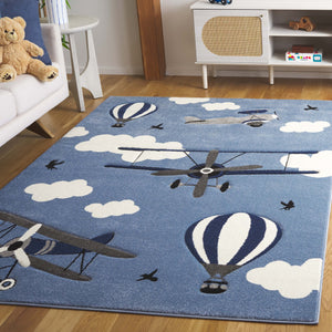 Safavieh Carousel Kids Area Rug - Whimsical Airplane & Balloon Design For Imaginative Play Spaces! Blue ,Ivory Polypropylene Crk137m-4
