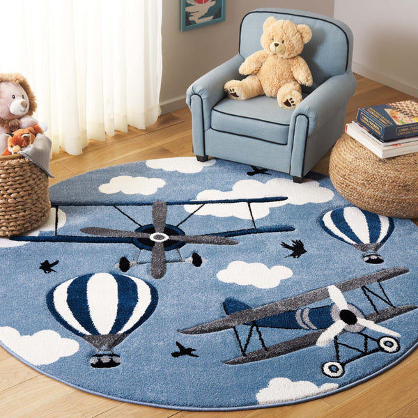 Safavieh Carousel Kids Area Rug - Whimsical Airplane & Balloon Design For Imaginative Play Spaces! Blue ,Ivory Polypropylene Crk137m-4